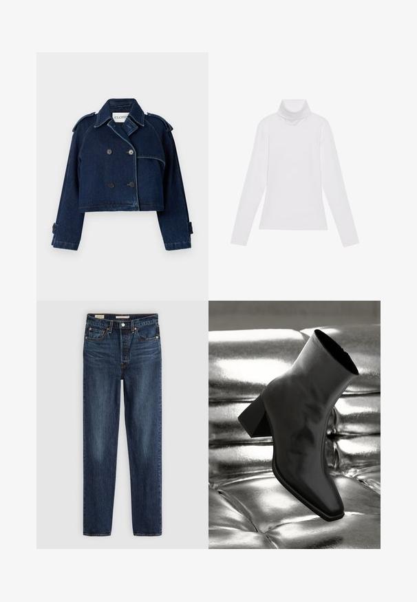 CLOSED CROPPED TRENCH - Cowboyjakker - dark blue; Hvid langærmet turtle-neck top lavet af glat, strækbart stof. Har en høj krave og tætsiddende design, uden synlige mønstre eller udsmykninger.; Mørkeblå lige ben jeans med fem lommer, knap- og lynlås lukning samt kontrastsyninger.; Sorte ankelstøvler lavet af glossy materiale med firkantet tå og spidse hæle, sat mod en skinnende sølv tuftet baggrund.