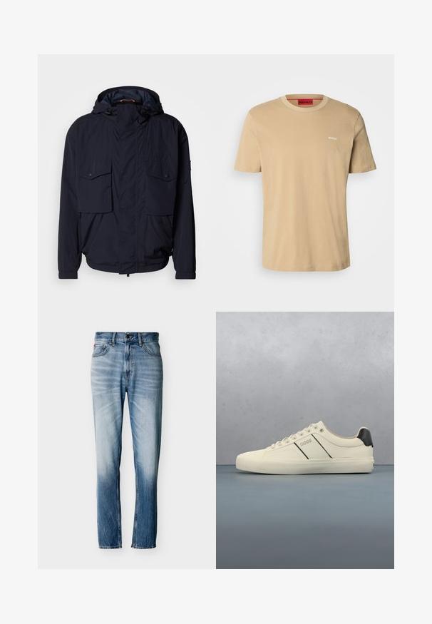 Marineblå letvægtsjakke med hætte, to klaplommer og elastiske manchetter. Fremstillet af blødt, struktureret stof med en afslappet pasform.; Beige bomulds t-shirt med rund halsudskæring, korte ærmer og et lille hvidt "HUGO" logo på brystet. Glat tekstur uden mønstre.; Blå falmede jeans med lige ben, fem lommer, knaplukning og bæltestropper, vist fladt på hvid baggrund.; Cremefarvede sneakers med en glat tekstur, der har sorte accenter og branding. Klassisk snørebåndsdesign med rund tå og gummisål.