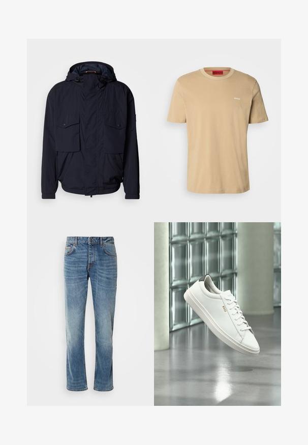 Marineblå letvægtsjakke med hætte, to klaplommer og elastiske manchetter. Fremstillet af blødt, struktureret stof med en afslappet pasform.; Beige bomulds t-shirt med rund halsudskæring, korte ærmer og et lille hvidt "HUGO" logo på brystet. Glat tekstur uden mønstre.; Lyseblå denimbukser med lige ben, fem lommer, kontrasterende syninger og en falmet finish. Har en knap- og lynlåsåbning.; Hvid læder lav-top sneaker med snørebånd, sort hælflig og "BOSS"-logo, svævende indendørs nær glasblok væg og poleret gulv.