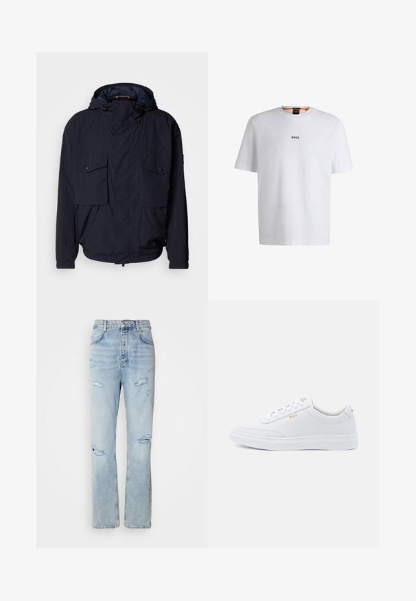 Marineblå letvægtsjakke med hætte, to klaplommer og elastiske manchetter. Fremstillet af blødt, struktureret stof med en afslappet pasform.; Hvid bomuld T-shirt med korte ærmer, med et sort "BOSS" logo centreret på brystet og en rund halsudskæring.; Lysvaskede denimjeans med en afslappet pasform, der har slidte områder og frynsede kanter. Stoffet har en blød, glat tekstur.; Hvide lædersneakers med glat tekstur, rund tå og ton-i-ton syning. Har blå snørebånd og et gult logo på siden.
