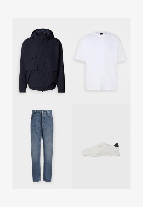 Marineblaue leichte Jacke mit Kapuze, zwei Klapptaschen und elastischen Bündchen. Hergestellt aus weichem, strukturiertem Stoff mit lässiger Passform.; Weißes Baumwoll-T-Shirt mit Rundhalsausschnitt, kurzen Ärmeln und lässiger Passform. Verfügt über strukturierte Schulternaht für zusätzliche Details.; Gerade geschnittene blaue Jeans aus Denim mit hoher Taille, Frontknopfverschluss und Fünf-Taschen-Design auf einem schlichten hellen Hintergrund.; Weißer Sneaker mit niedrigem Schnitt, schwarzem Fersenlaschen, weißen Schnürsenkeln und „BOSS“-Logo an der Seite, vor einem schlichten hellen Hintergrund gezeigt.