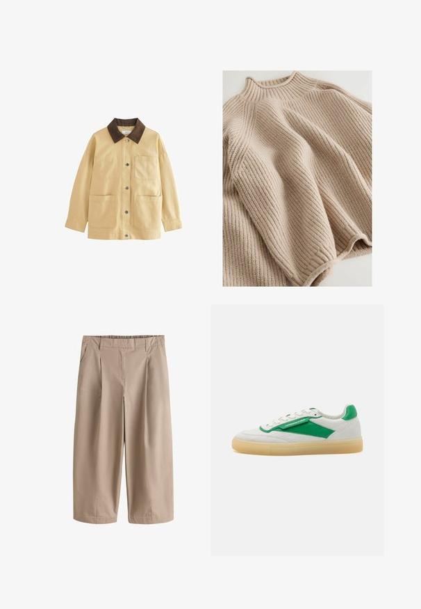 Chaqueta de algodón beige con un cuello de pana marrón, botones de presión y dos bolsillos frontales. Tiene un corte relajado y mangas largas.; Suéter de punto en beige claro con una textura acanalada, que presenta un cuello alto y una silueta amplia y relajada. Combinado con costura texturizada.; Pantalones cortos de pierna ancha beige con pliegues frontales, bolsillos laterales, trabillas para cinturón y una cintura ajustada.; Zapatillas blancas con acentos verdes, con un exterior de cuero y ante suave, cordones redondos y una suela de goma beige.