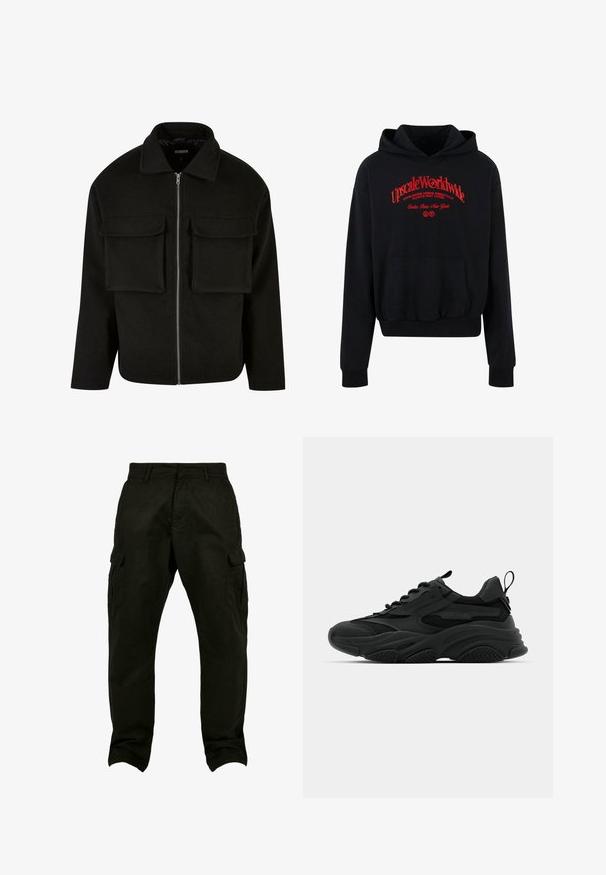 Chaqueta negra con cremallera hecha de tejido texturizado, con cuello, que presenta dos bolsillos de parche en la parte delantera y un corte recto.; Sudadera negra de mezcla de algodón, con un bolsillo frontal, puños acanalados y un diseño gráfico de texto en rojo en el pecho.; Pantalones cargo de algodón negros con un corte relajado, que cuentan con bolsillos laterales, pasadores para el cinturón y piernas rectas. Tela texturizada y costuras reforzadas.; Zapatillas deportivas negras con una suela gruesa, paneles de malla y acentos de goma. Cuentan con una lengüeta en el talón y patrones texturizados.