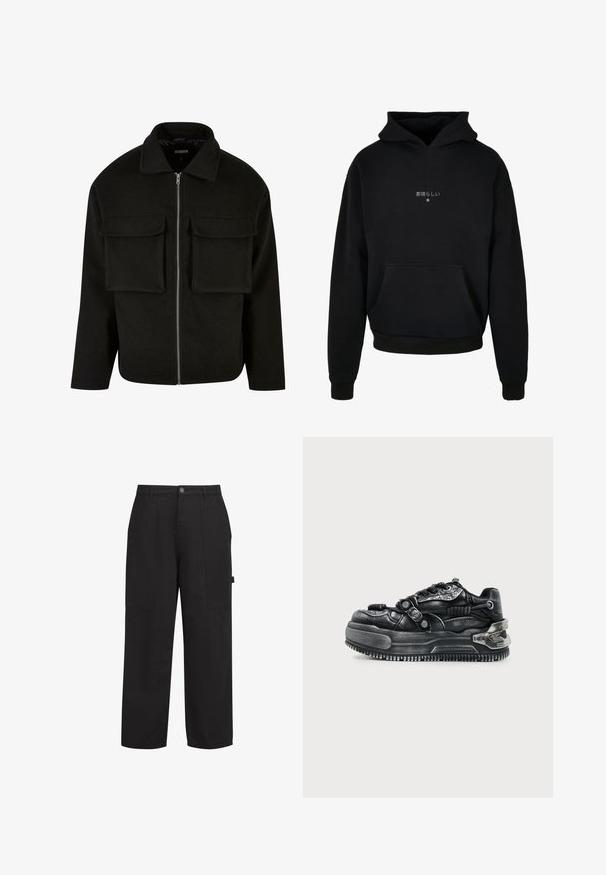 Schwarze Zip-Jacke aus strukturiertem Stoff mit Kragen, ausgestattet mit zwei aufgesetzten Taschen vorne und geradem Schnitt.; Schwarzer Kapuzenpullover aus weichem Material, mit einer vorderen Kängurutasche und weißem japanischen Text mit einem Sternakzent.; Schwarze Baumwollhose mit lässiger Passform, ausgestattet mit zwei Fronttaschen, einem Reißverschluss und einem sichtbaren Knopf. Glatte Textur, gerades Bein-Design.; Schwarzer klobiger Sneaker mit dicker Sohle, Schnürdesign, strukturierten Riemen und Metallakzenten an Ferse und Seiten vor hellem Hintergrund.