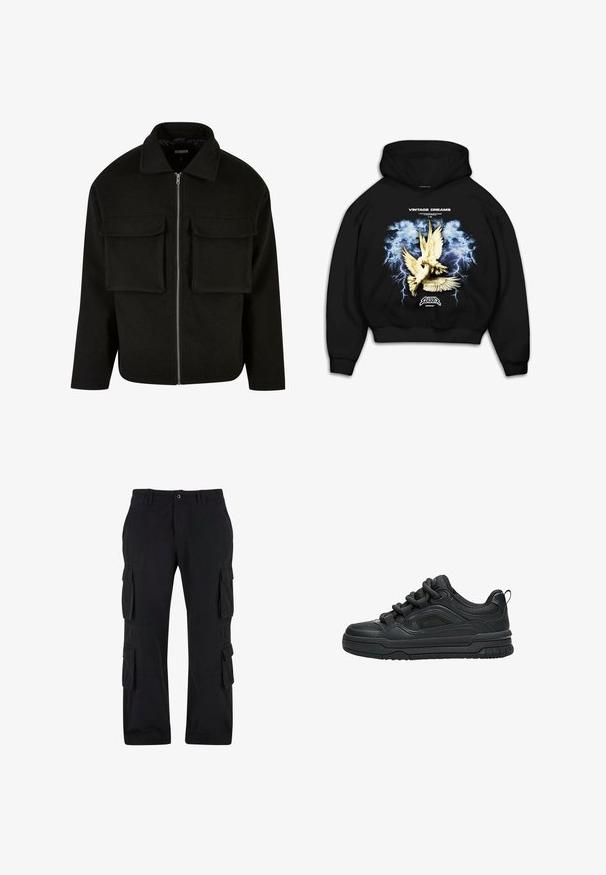 Veste zippée noire en tissu texturé avec col, dotée de deux poches avant à rabat et d'une coupe droite.; Sweat-shirt à capuche noir avec un imprimé graphique de colombes sur un fond bleu orageux avec des éclairs. Le texte indique "RÊVES VINTAGE."; Pantalons cargo noirs en tissu coton, dotés de plusieurs poches latérales, d'une coupe décontractée et d'une jambe droite.; Baskets noires basses avec une semelle épaisse, un col rembourré, des panneaux en mesh et des lacets épais, affichées sur un fond blanc.