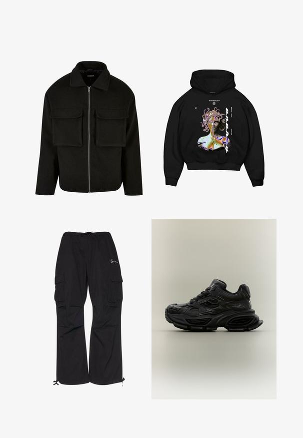 Schwarze Zip-Jacke aus strukturiertem Stoff mit Kragen, ausgestattet mit zwei aufgesetzten Taschen vorne und geradem Schnitt.; Schwarz mit Kapuze Sweatshirt featuring ein mehrfarbiges Grafik eines Medusa-ähnlichen Figur, mit hervorgehobenem Text und einer vorderen Kängurutasche.; Schwarze Cargo-Hosen aus leichtem Material, mit elastischem Bund und Kordelzug, seitlichen Taschen und verstellbaren Bündchen.; Schwarzer klobiger Sneaker mit strukturiertem Design, dicker Sohle und Schnürverschluss vor schlichtem neutralem Hintergrund.