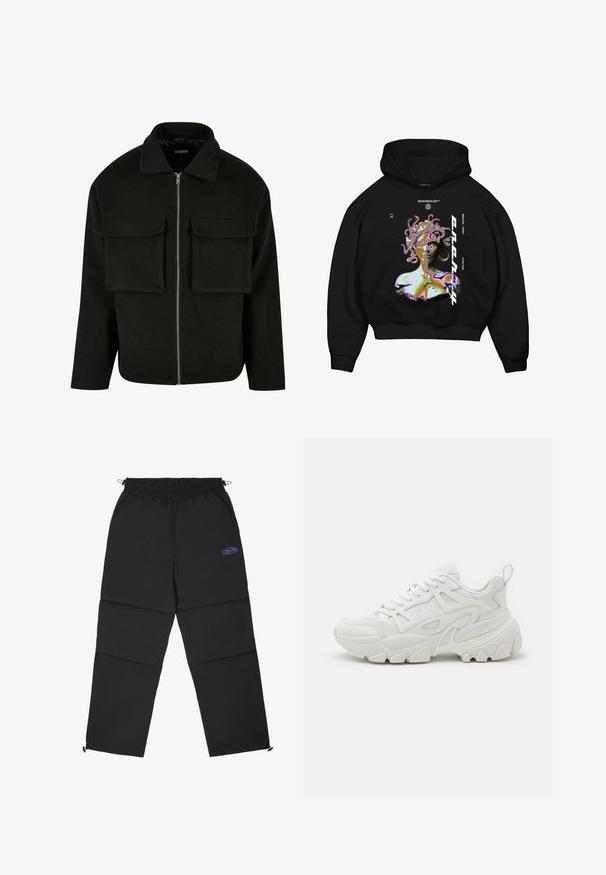 Zwarte zip-up jas van gestructureerde stof met een kraag, voorzien van twee voorzakken en een rechte snit.; Zwarte hoodie met een multikleurige graphic van een Medusa-achtige figuur, met opvallende tekst en een voorkangoeroezak.; Pegador ARDEN PARACHUTE PANTS - Broek - black/deep purple; Witte sportieve sneakers met een gestructureerde bovenkant, mesh panelen, een opvallende rubberen zool en decoratieve uitsparingen aan de zijkanten.