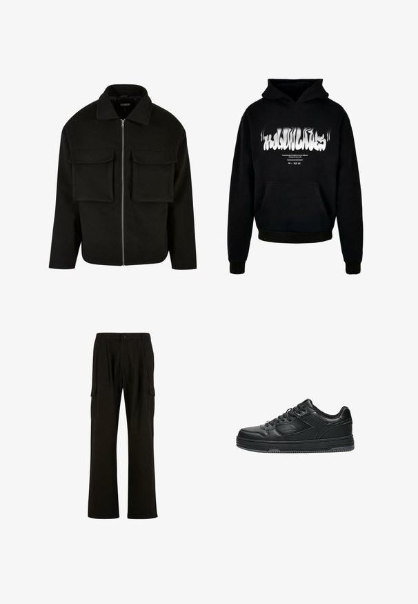 Sort lynlåsjakke lavet af tekstureret stof med krave, featuring to forreste lommeposer og en lige pasform.; Sort hættetrøje lavet af bomuld, med en frontlomme, ribbede cuffs og kant, samt en hvid forvrænget tekstgrafik på brystet.; Urban Classics WIDE - Cargobukser - black; Sort lavtopsneaker med teksturerede læderpaneler, snørelukning og gummisål vist fra siden på hvid baggrund.