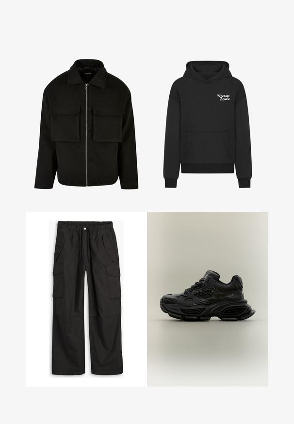 Sort lynlåsjakke lavet af tekstureret stof med krave, featuring to forreste lommeposer og en lige pasform.; Sort hætte sweatshirt med en frontlomme, der har et hvidt "Forever Classic" logo på brystet. Lavet af blødt, tekstureret stof.; Sorte cargo-bukser med elastisk talje, knap- og lynlåslukning samt flere klaplommer med knapper foran og på siderne.; Sort chunky sneaker med tekstureret design, tyk sål og snørelukning vist mod en almindelig neutral baggrund.