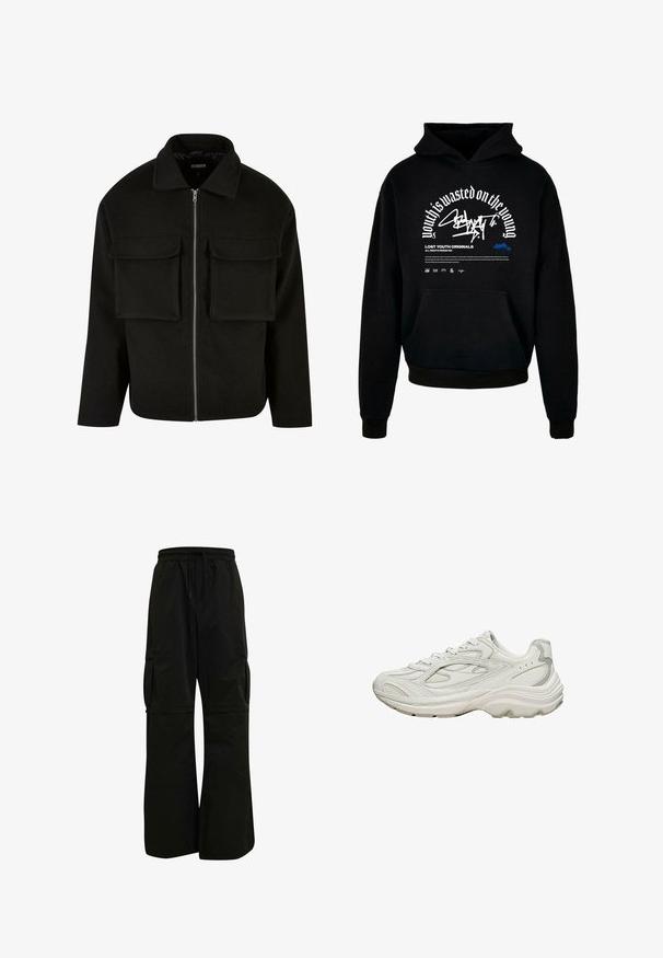 Schwarze Zip-Jacke aus strukturiertem Stoff mit Kragen, ausgestattet mit zwei aufgesetzten Taschen vorne und geradem Schnitt.; Schwarzer Kapuzenpullover mit Fronttasche. Ausgestattet mit fettem weißen Text und Grafikdesign. Hergestellt aus weichem Material, mit gerippten Bündchen und Saumabschlüssen.; Schwarze Cargo-Hosen mit einem elastischen Bund, weitem Beinsaum und großen seitlichen Taschen für Funktionalität und Komfort. Glatte Textur.; Weißer Sneaker mit strukturiertem Obermaterial und klobiger Sohle. Merkmale sind geschwungene Linien, dezente graue Akzente und ein Schnürdesign.