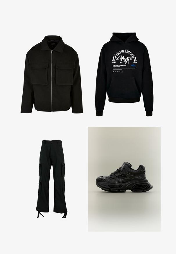 Schwarze Zip-Jacke aus strukturiertem Stoff mit Kragen, ausgestattet mit zwei aufgesetzten Taschen vorne und geradem Schnitt.; Schwarzer Kapuzenpullover mit Fronttasche. Ausgestattet mit fettem weißen Text und Grafikdesign. Hergestellt aus weichem Material, mit gerippten Bündchen und Saumabschlüssen.; Schwarze Cargo-Hosen aus strapazierfähigem Stoff verfügen über mehrere Seitentaschen, ein gerades Bein-Design und Bindebänder am Saum für eine verstellbare Passform.; Schwarzer klobiger Sneaker mit strukturiertem Design, dicker Sohle und Schnürverschluss vor schlichtem neutralem Hintergrund.