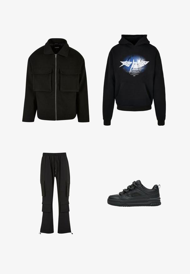 Schwarze Zip-Jacke aus strukturiertem Stoff mit Kragen, ausgestattet mit zwei aufgesetzten Taschen vorne und geradem Schnitt.; Schwarzer Hoodie aus Baumwollmischung mit einem großen Grafikdruck auf blauem Hintergrund und weißem Text. Inklusive einer Fronttasche und gerippten Bündchen.; Schwarze Cargo-Hosen aus weichem Stoff, mit mehreren Seitentaschen, elastischem Bund mit Kordelzug und tapered Beinen mit verstellbaren Säumen.; Schwarzer Low-Top-Sneaker mit dicker Sohle, gepolstertem Kragen, Mesh-Einsätzen und kräftigen Schnürsenkeln, dargestellt vor weißem Hintergrund.