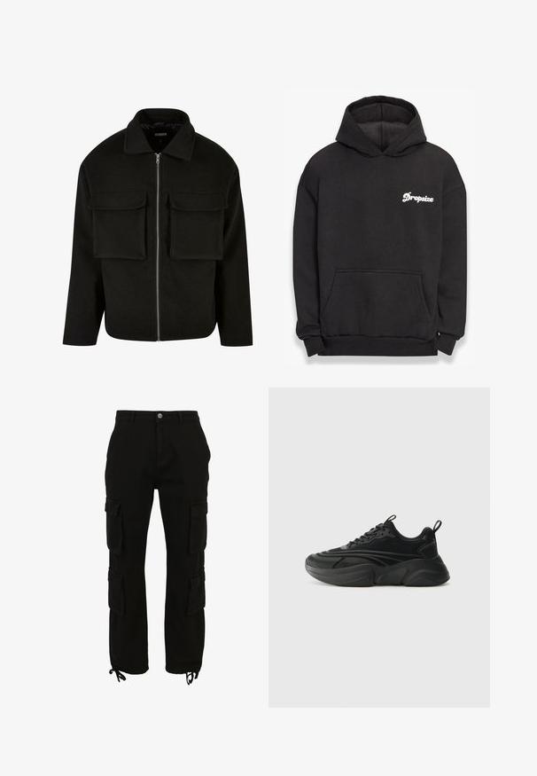 Schwarze Zip-Jacke aus strukturiertem Stoff mit Kragen, ausgestattet mit zwei aufgesetzten Taschen vorne und geradem Schnitt.; Schwarzer Kapuzenpullover aus weichem Material. Mit einer vorderen Tasche, gerippten Bündchen und dem weißen "Dropsize"-Logo auf der linken Brust.; Schwarze Cargohose aus Baumwolle mit mehreren seitlichen Taschen, einem Knopfverschluss und verstellbaren Säumen mit Kordelzug.; Schwarze Sportschuhe mit einer runden Sohle, strukturiertem Obermaterial und gepolstertem Kragen. Verfügt über Schnürung, Zuglasche und geschichtete Designelemente.