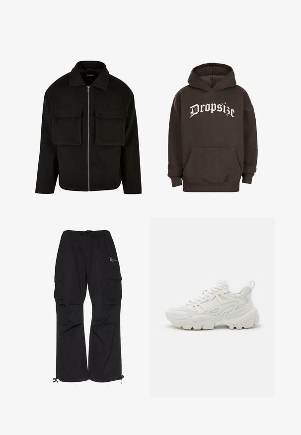 Sort lynlåsjakke lavet af tekstureret stof med krave, featuring to forreste lommeposer og en lige pasform.; Mørkebrun hoodie med en frontlomme i kengurustil og hvid tekst i gammeldansk stil, der står "Dropsize" over brystet.; Sorte cargobukser lavet af letvægtsstof, med elastisk talje med snøre, sidelommer og justerbare manchetter.; Hvide atletiske sneakers med en struktureret overdel, netpaneler, fremtrædende gummisål og dekorative udsparinger på siden.