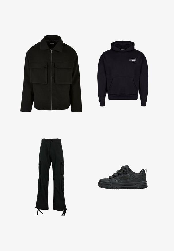 Zwarte zip-up jas van gestructureerde stof met een kraag, voorzien van twee voorzakken en een rechte snit.; Zwarte hoodie van een katoenmix, met een voorzak, ribgebreide manchetten en een logo op de borst. Klassiek ontwerp en zachte textuur.; Zwarte cargobroek van duurzaam materiaal met meerdere zijzakken, een rechte pijpdesign en strikjes aan de zoom voor een verstelbare pasvorm.; Zwarte lage sneaker met dikke zool, gevoerde kraag, meshpanelen en dikke veters, afgebeeld tegen een witte achtergrond.