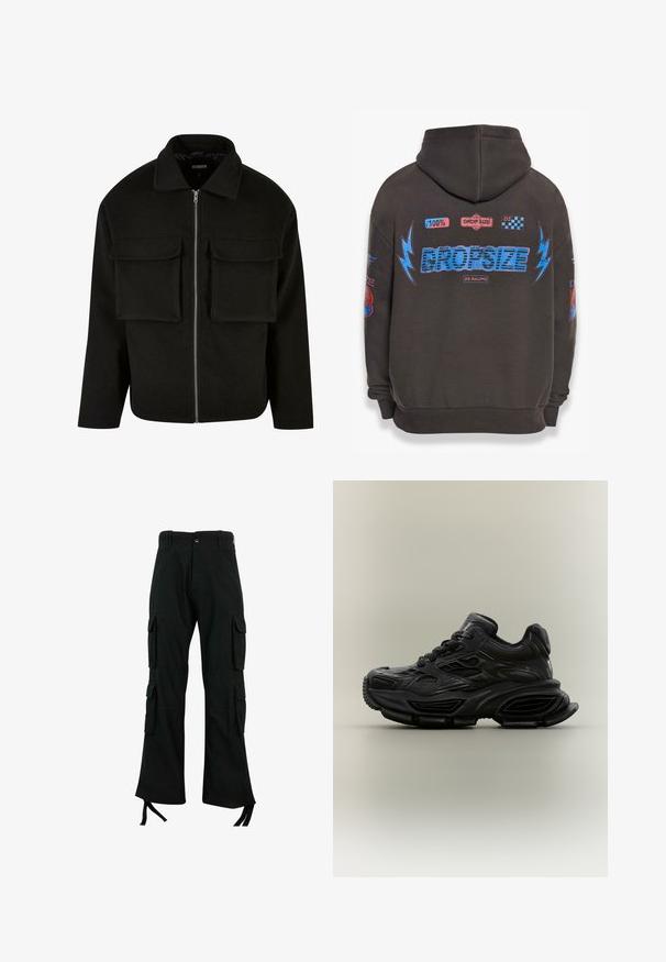 Schwarze Zip-Jacke aus strukturiertem Stoff mit Kragen, ausgestattet mit zwei aufgesetzten Taschen vorne und geradem Schnitt.; Dunkelgrauer Hoodie mit großem blauen "DROPSIZE"-Text und bunten Grafiken. Mit Kapuze, gerippten Bündchen und verschiedenen aufgedruckten Patches.; Schwarze Cargo-Hosen aus strapazierfähigem Stoff verfügen über mehrere Seitentaschen, ein gerades Bein-Design und Bindebänder am Saum für eine verstellbare Passform.; Schwarzer klobiger Sneaker mit strukturiertem Design, dicker Sohle und Schnürverschluss vor schlichtem neutralem Hintergrund.