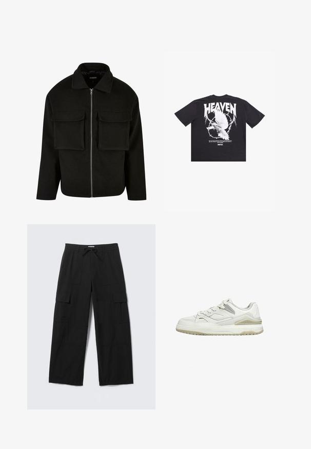 Veste zippée noire en tissu texturé avec col, dotée de deux poches avant à rabat et d'une coupe droite.; T-shirt noir avec un graphisme blanc d'une colombe volante à l'intérieur de fil barbelé et le mot "HEAVEN" avec un éclair au-dessus.; Pantalon cargo large noir avec poches avant, poches à rabat sur les cuisses, passants de ceinture et taille à cordon, posé à plat sur un fond blanc.; Baskets basses blanches avec semelle beige, devant à lacets, et col rembourré, présentées sur un fond blanc uni.