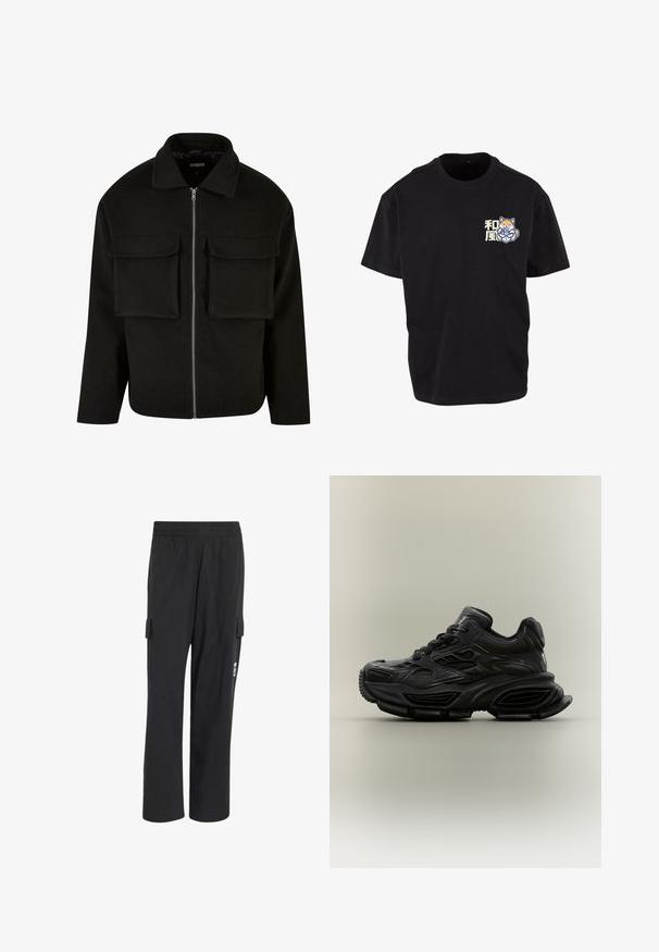Sort lynlåsjakke lavet af tekstureret stof med krave, featuring to forreste lommeposer og en lige pasform.; Sort bomulds t-shirt med et centralt grafisk motiv af en ræv, der holder en drink, med japanske tegn i lys farve på venstre brystområde.; Sorte bukser med lige ben, elastisk linning og cargo-lommer på begge sider, med en lille hvid logo på den højre lomme.; Sort chunky sneaker med tekstureret design, tyk sål og snørelukning vist mod en almindelig neutral baggrund.