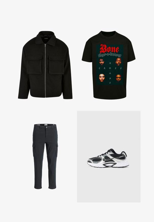 Sort lynlåsjakke lavet af tekstureret stof med krave, featuring to forreste lommeposer og en lige pasform.; Sort t-shirt med grafisk tryk. Designet viser fire ansigtstræk ovenfor en grøn baggrund med rød tekst, der skriver "Bone thugs-n-harmony" og "CROSS ROADS."; Sorte cargo bukser lavet af letvægtsstof, med sidelommer, lynlåsgylpter og lige ben.; Sort og sølv atletiksko med en åndbar mesh-overdel, polstret krave og en struktureret gummisål med et karakteristisk design.