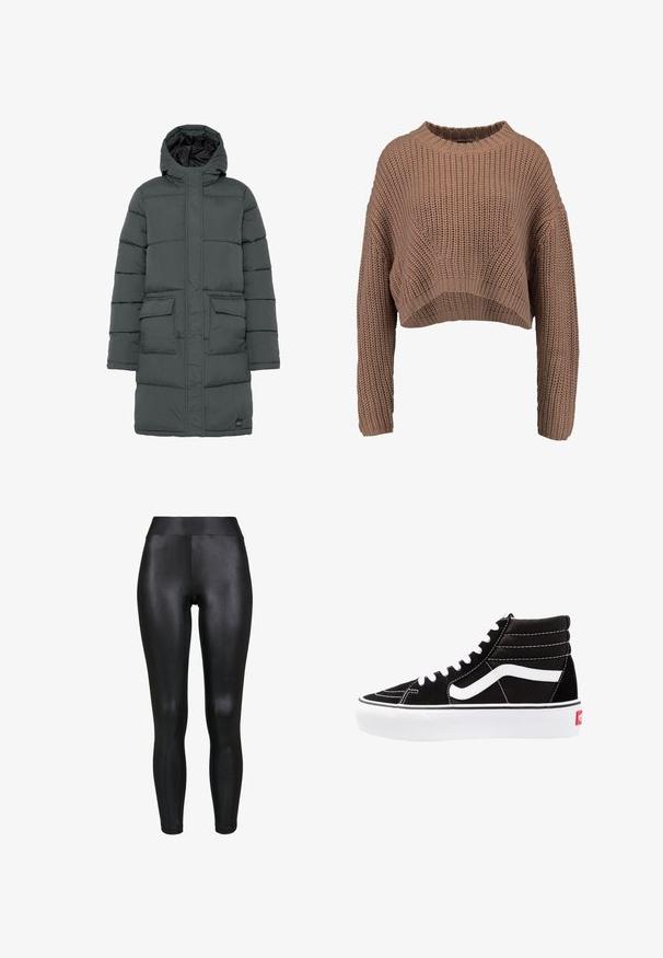 Doudoune gris foncé avec capuche, présentant un design matelassé, deux poches avant et une fermeture éclair. Texture lisse et isolation légère.; Pull en laine marron, cropped, avec une texture côtelée, des manches larges et un col rond. Matière douce et épaisse avec une coupe décontractée.; Leggings noirs avec une finition brillante, taille haute et design sans couture. Le tissu semble lisse et moulant.; Baskets montantes noires avec des lacets blancs, un logo blanc et des coutures blanches contrastées. Dotées d'une épaisse semelle blanche et d'un dessus en daim texturé.