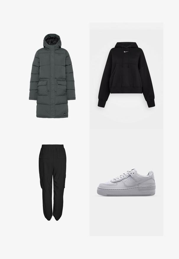 Doudoune gris foncé avec capuche, présentant un design matelassé, deux poches avant et une fermeture éclair. Texture lisse et isolation légère.; Hoodie noir court en tissu doux, avec une capuche à cordon, poche kangourou avant et un petit logo Nike blanc sur la poitrine.; Pantalons cargo noirs avec une coupe décontractée, dotés d'une taille élastique, de deux poches latérales et de deux poches arrière. Tissu léger, texture lisse.; Basket en cuir lisse gris Nike Air Force 1 avec un bout perforé, une semelle épaisse et un détail 'AIR' en relief sur le talon.