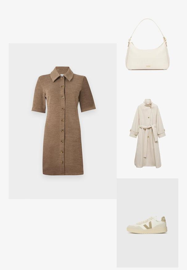 Beige trench coat dengan kerah tinggi, tiga kancing, sabuk yang dapat diikat sendiri, dan manset yang digulung. Dilengkapi dengan dua kantong samping dan bahan yang halus serta berbulu.; Ruskea neulemekko kauluksellisella pääntiellä, lyhyillä hihoilla ja napituksella edessä. Teksturoitu kangas ja vartalonmyötäinen siluetti.; Kengät, joissa on vaalea päällinen, vaaleanruskeat mokkanahka-akcentit ja teksturoidut kumipohjat. Varustettu rohkealla 'V' logolla ja nauhakiristysmallilla.; Pieni kermaan värinen nahkainen olkalaukku, jossa on kullanvärinen vetoketju ja minimalistinen kultainen "kazar"-logo edessä.