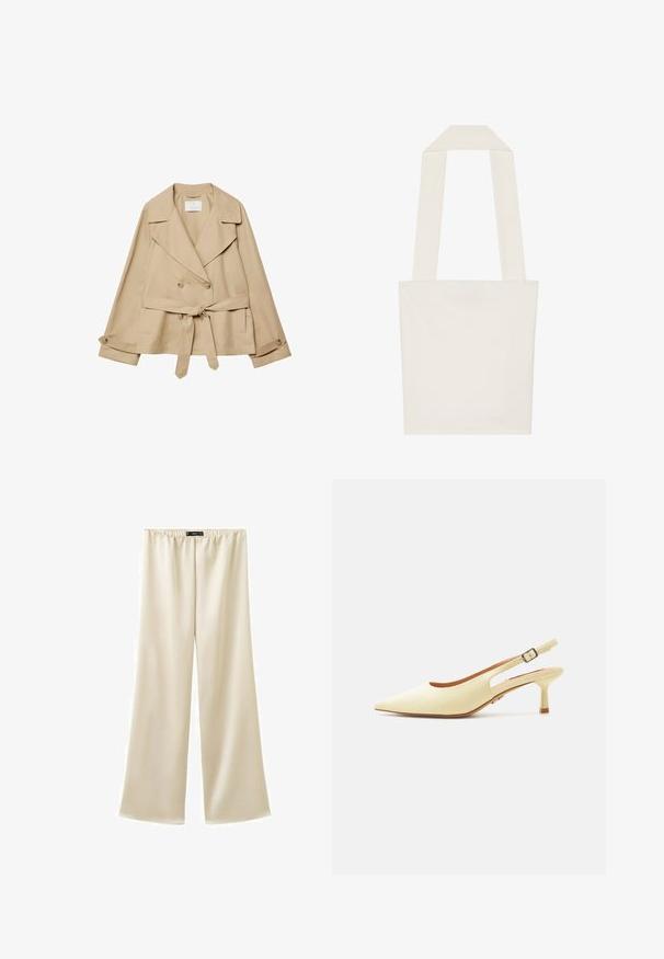 Impermeable beige avec un devant croisé, de larges revers et une taille ceinturée. Il dispose de deux poches latérales et de détails en boutons sur les poignets.; Sac fourre-tout crème avec un design minimaliste, comportant de larges sangles en tissu et une forme rectangulaire, fabriqué à partir d'un matériau en toile robuste.; Pantalon à jambes larges couleur crème avec taille élastique, fabriqué à partir d'un tissu doux et fluide, conçu pour un port décontracté et confortable.; Chaussure slingback couleur crème à bout pointu, talon kitten bas et bride ajustable avec boucle.