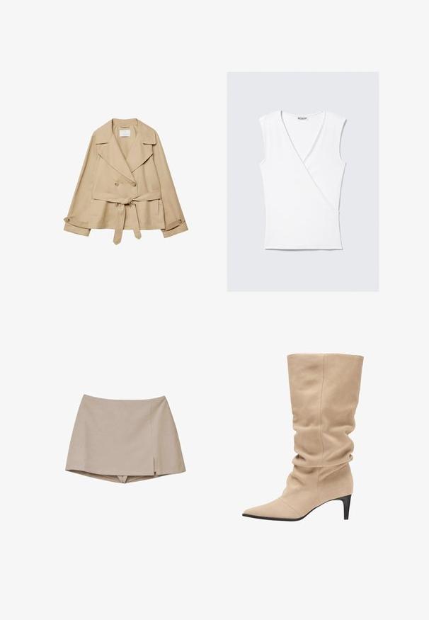 Impermeable beige avec un devant croisé, de larges revers et une taille ceinturée. Il dispose de deux poches latérales et de détails en boutons sur les poignets.; Haut sans manches blanc avec un design croisé, fabriqué en tissu lisse, doté d'un décolleté en V profond et d'une silhouette ajustée.; Mini-jupe beige avec une fente discrète à l'avant et un short intégré dessous, conçue pour un usage décontracté ou semi-formel.; Botte beige mi-mollet décontractée en daim avec bout pointu et talon kitten noir.