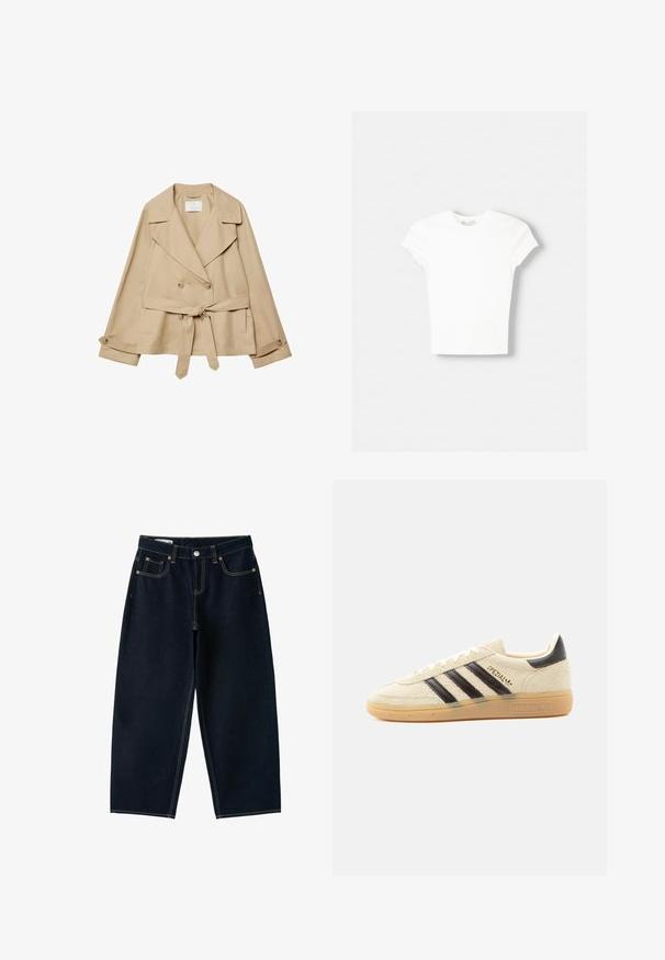 Impermeable beige avec un devant croisé, de larges revers et une taille ceinturée. Il dispose de deux poches latérales et de détails en boutons sur les poignets.; T-shirt blanc à manches courtes en coton doux, avec un col rond et une coupe ajustée. Pas de motifs ni d'ornements visibles.; Jean bleu foncé à jambes larges, taille haute, bouton sur le devant, fermeture éclair et cinq poches avec coutures apparentes.; Baskets en daim crème avec des rayures noires, semelle en gomme, languette noire au talon et texte doré "SPEZIAL" sur le côté.