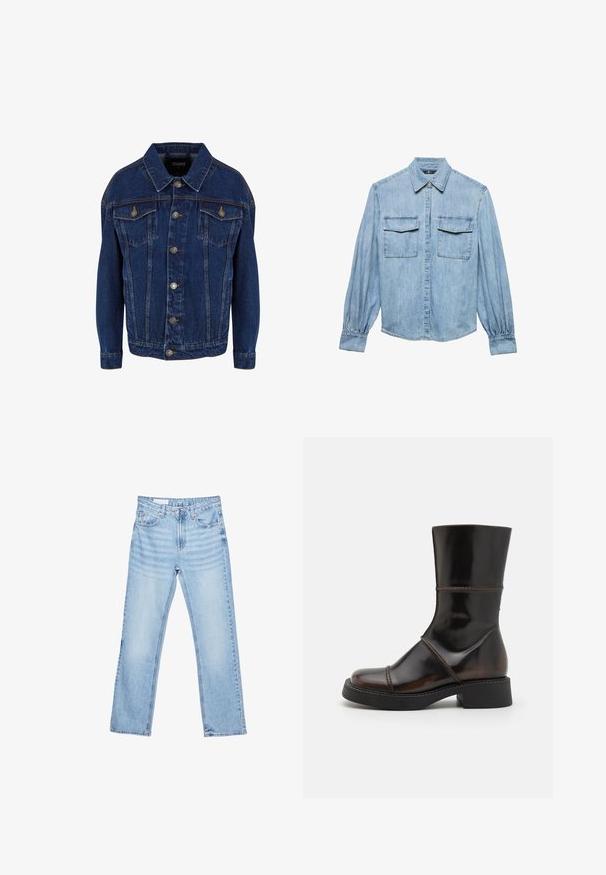 Mørkeblå denimjakke med lange ærmer, knaplukning foran, to brystlommer med klap og kontrastsyet på en hvid baggrund.; Lyseblå denimskjorte med lange ærmer, knapmanchetter, to forlommer med klap og en spids krave.; Lyseblå straight-leg denim jeans med forlommer, bæltestropper og knap- og lynlåslukning, vist fladt på hvid baggrund.; MIISTA DAHLIA - Plateaustøvler - brown