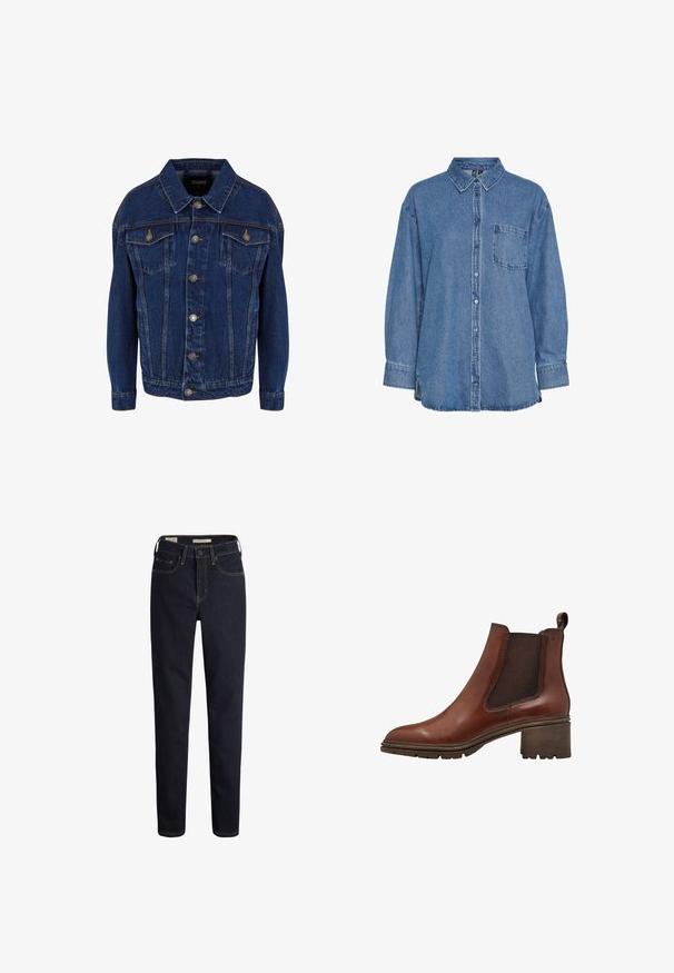 Donkerblauwe denimjas met lange mouwen, knoopsluiting aan de voorkant, twee borstzakken met klep en contrasterende stiksels op een witte achtergrond.; Lichtblauwe denim shirt met knopen aan de voorkant, een klassieke kraag, een enkele borstzak en lange mouwen met omgeslagen uiteinden.; Donkerblauwe denim jeans met een rechte pasvorm, voorzien van voorzakken, een ritssluiting en contrasterende goudgele stikdetails.; Bruine leren enkellaars met elastische zijkanten, ronde neus en een gestructureerde blokhak. Voorzien van een trekband voor gemakkelijk aan- en uittrekken.