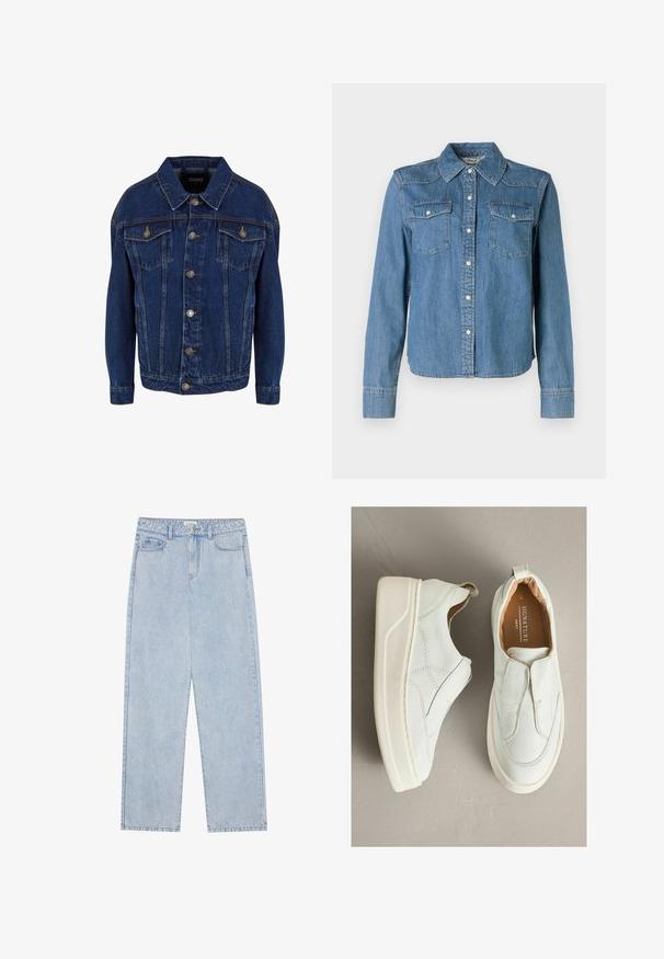 Donkerblauwe denimjas met lange mouwen, knoopsluiting aan de voorkant, twee borstzakken met klep en contrasterende stiksels op een witte achtergrond.; Denim shirt in een lichtblauwe tint, met klassieke kraag en twee borstzakken. Het heeft drukknoopsluitingen en lange mouwen met knoopmanchetten.; Lichtblauwe, high-waisted denim jeans met een straight-leg snit, vijf zakken en zichtbare stiksels. Het materiaal heeft een klassieke wassing.; Witte leren instapschoenen met een ronde neus, een gestructureerd oppervlak, contrasterende stiksels en een witte rubberen zool. Voorzien van een lusje bij de hiel.