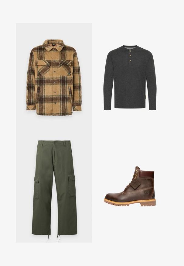 Sean John SCRIPT LOGO OVERSHIRT - Veste mi-saison - brown/dark brown; Chemise à manches longues gris foncé en tissu doux, dotée d'un col henley avec trois boutons en bois et d'une étiquette sur le côté.; Pantalon cargo vert olive avec poches latérales à rabat, fermeture par boutons, passants de ceinture et cordons ajustables aux larges ourlets des jambes.; Bottine en cuir marron avec un bout rond, une semelle robuste, des éléments en doré et un dessus texturé. Comprend une étiquette de logo attachée.