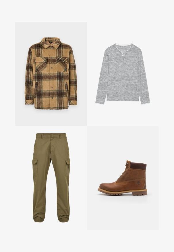 Sean John SCRIPT LOGO OVERSHIRT - Veste mi-saison - brown/dark brown; Chemise henley gris à manches longues avec un motif texturé, patte de boutonnage à trois boutons et un col blanc contrasting. Finition en tissu doux.; Pantalons cargo verts avec une coupe droite, en coton, dotés de poches latérales et d'une fermeture à bouton pour plus de fonctionnalité. Texture lisse, design décontracté.; Botte de randonnée en cuir marron avec une finition lisse, cheville rembourrée, œillets en métal et semelle en caoutchouc dotée d'un motif de crampons robuste.
