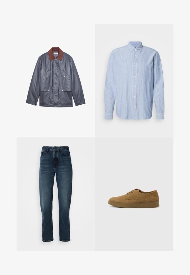 Veste imperméable grise avec un col en velours côtelé marron, dotée de deux poches avant et d'une fermeture à boutons. Texture lisse et coupe décontractée.; Chemise à boutons en bleu clair avec des rayures blanches, dotée d'un col classique et de manches longues. Fabriquée en tissu tissé avec une texture lisse.; Jeans droits bleu foncé avec fermeture à bouton et zip à l'avant, design à cinq poches, et subtile décoloration sur les cuisses et les genoux.; Chaussure décontractée à lacets en daim marron avec semelle en caoutchouc plate, vue de côté sur un fond clair uni.