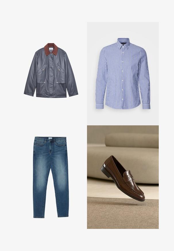 Veste imperméable grise avec un col en velours côtelé marron, dotée de deux poches avant et d'une fermeture à boutons. Texture lisse et coupe décontractée.; Chemise à manches longues à rayures bleues et blanches, confectionnée en coton tissé, avec un col classique et un ourlet arrondi. Boutons en nacre.; Jean en denim bleu moyen avec un délavage léger, design à cinq poches, coupe droite et accents cousus. Fermeture par bouton et zip.; Mocassin en cuir marron avec un motif texturé flottant au-dessus d'un tapis beige avec un canapé beige assorti en arrière-plan.