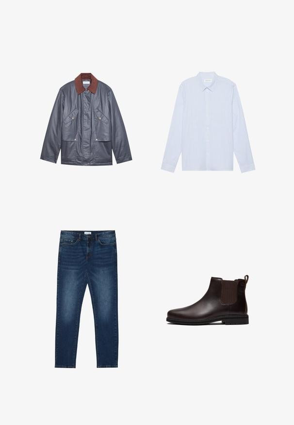 Veste imperméable grise avec un col en velours côtelé marron, dotée de deux poches avant et d'une fermeture à boutons. Texture lisse et coupe décontractée.; Chemise à manches longues à rayures bleu clair. Elle possède un col traditionnel, des boutons blancs et un tissu en mélange de coton lisse.; Jean slim-fit bleu foncé avec des détails délavés, design classique à cinq poches, fermeture à bouton et passants de ceinture.; Bottine Chelsea en cuir marron foncé avec panneau latéral élastique, languette au talon et semelle en caoutchouc noire, vue de profil.