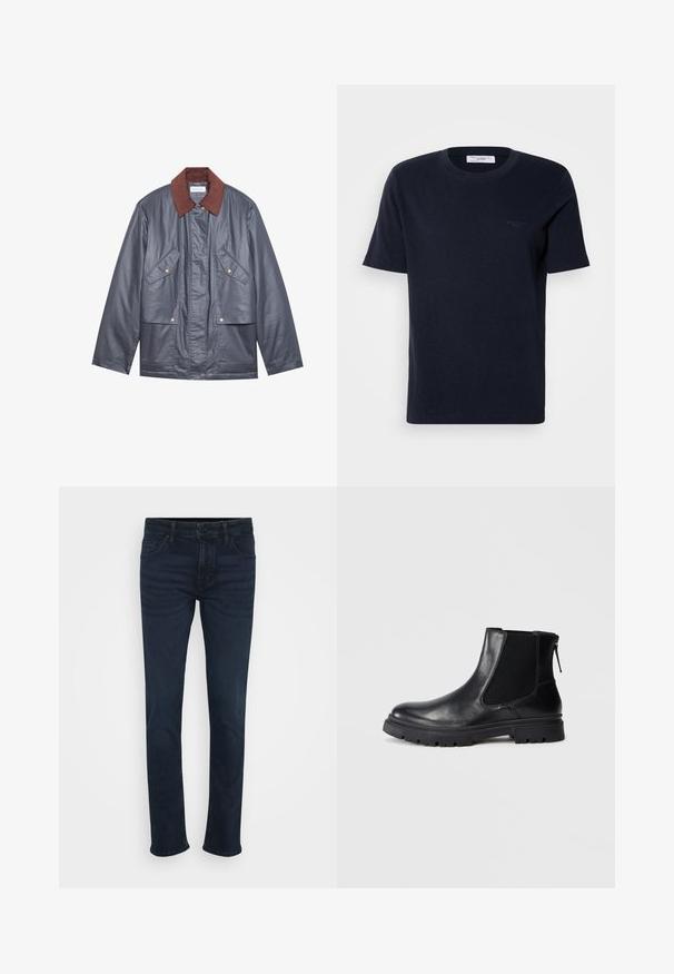 Veste imperméable grise avec un col en velours côtelé marron, dotée de deux poches avant et d'une fermeture à boutons. Texture lisse et coupe décontractée.; T-shirt en coton bleu marine à manches courtes, col rond et petit logo sur la poitrine. Texture lisse, coupe classique.; Jean bleu foncé avec une coupe droite, présentant un design classique à cinq poches, un bouton en métal et des passants de ceinture à la taille.; Bottine en cuir noir avec une finition lisse, des panneaux latéraux en maille élastique et une semelle robuste avec un motif de crampons visible.