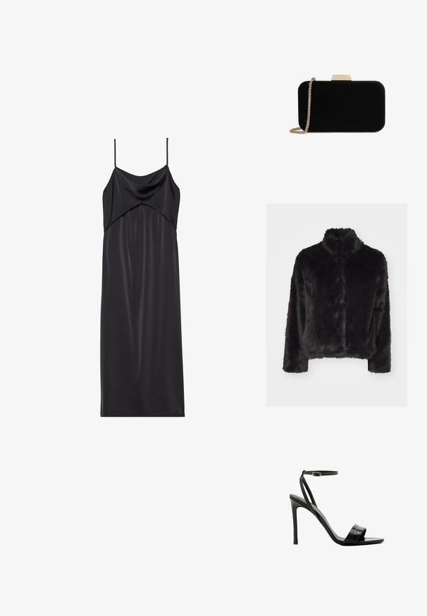 Vero Moda VMMONROE SHORT JACKET - Vinterjakker - black; Sort satin slip kjole med tynde spaghetti stropper, en draperet halsudskæring og en lige silhuet. Glat tekstur og minimalistisk design.; Sorte højhælede sandaler med krokodillestruktur, åben tå og tynd justerbar ankelrem. Slank hæl og minimalistisk design.; Sort velour clutch med guldfarvede detaljer, rektangulær form og kædestrop, der har en glat tekstur og ingen synlige mønstre.