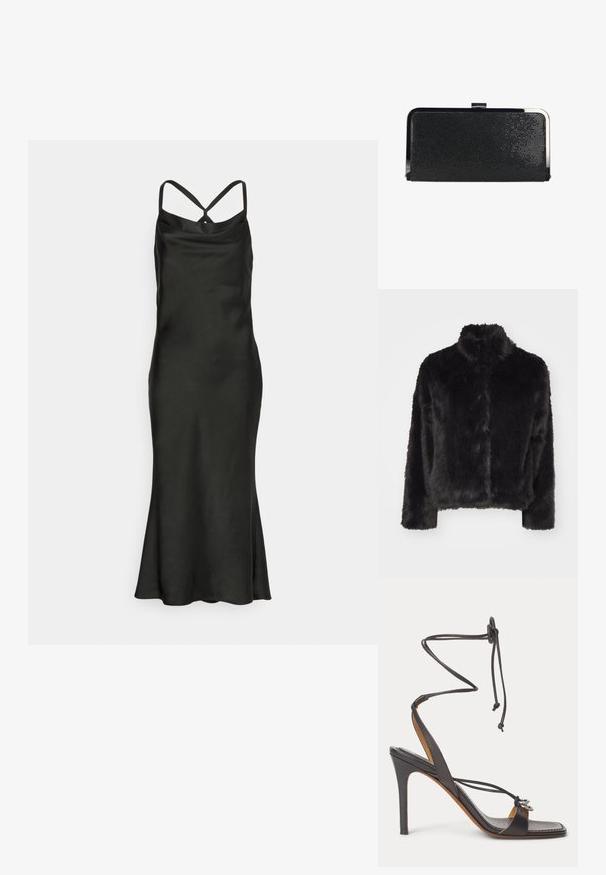 Vero Moda VMMONROE SHORT JACKET - Winterjas - black; Jarlo Petite BIBI - Cocktailjurk - black; Zwarte sandalen met hoge hak en dunne enkelriempjes, open teen en zilveren decoratieve ringen op de voorste band tegen een witte achtergrond.; Zwarte rechthoekige clutch met textuur, zilverkleurig metalen frame en sluiting, op een witte achtergrond.