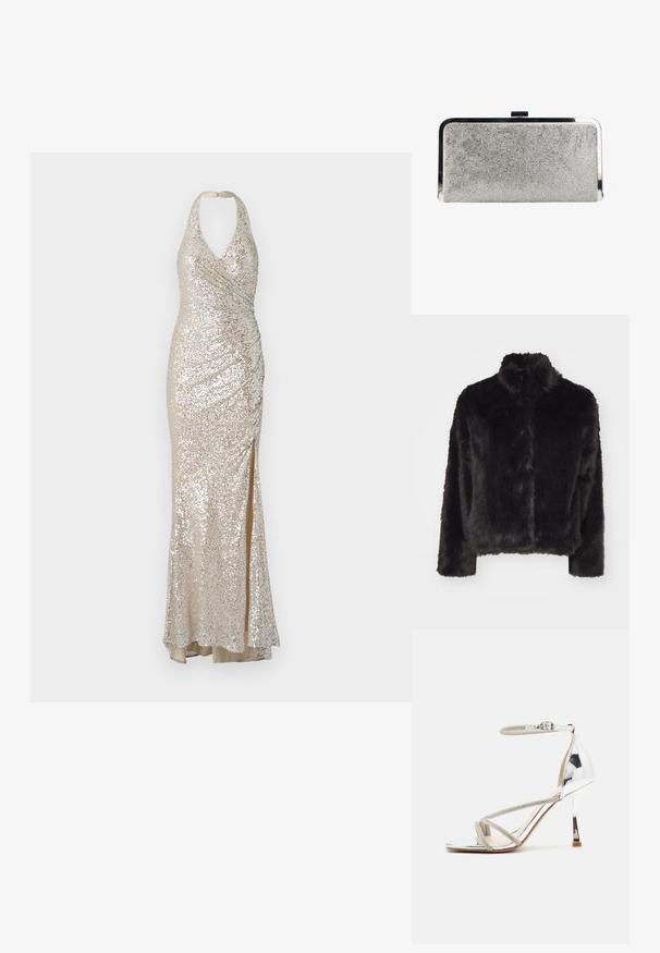 Vero Moda VMMONROE SHORT JACKET - Vinterjakker - black; Halter neck glitrende kjole i beige, med en tætsiddende silhuet, sideslids og rynket detaljering for tekstur og visuelt interesse.; Sølv højhælede sandal med en snøredesign, glitrende materiale, rhinsten accenter og en slank ankelrem. Firkantet tå og poleret hæl.; Rektangulær sølv clutch taske dækket af små rhinsten med en skinnende metallisk ramme og lås i toppen.