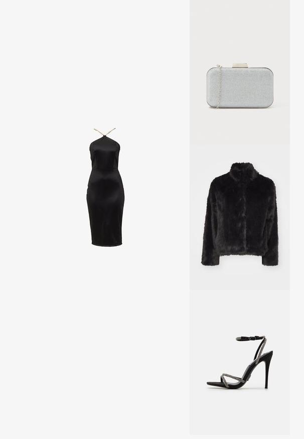 Vero Moda VMMONROE SHORT JACKET - Vinterjakker - black; Sort satin bodycon-kjole med halterneck-design. Har en figursyet silhuet og en diskret glans. Tynde gyldne stropper fremhæver udskæringen.; Sort højhælet sandal med tynde, udsmykkede stropper og spænde om anklen. Svart lædermateriale, åben tå og en slank, spids silhuet.; Metallisk sølvfarvet rektangulær clutch med en tekstureret overflade, sølvkæde rem og en geometrisk spænde på toppen. Glatte kanter.