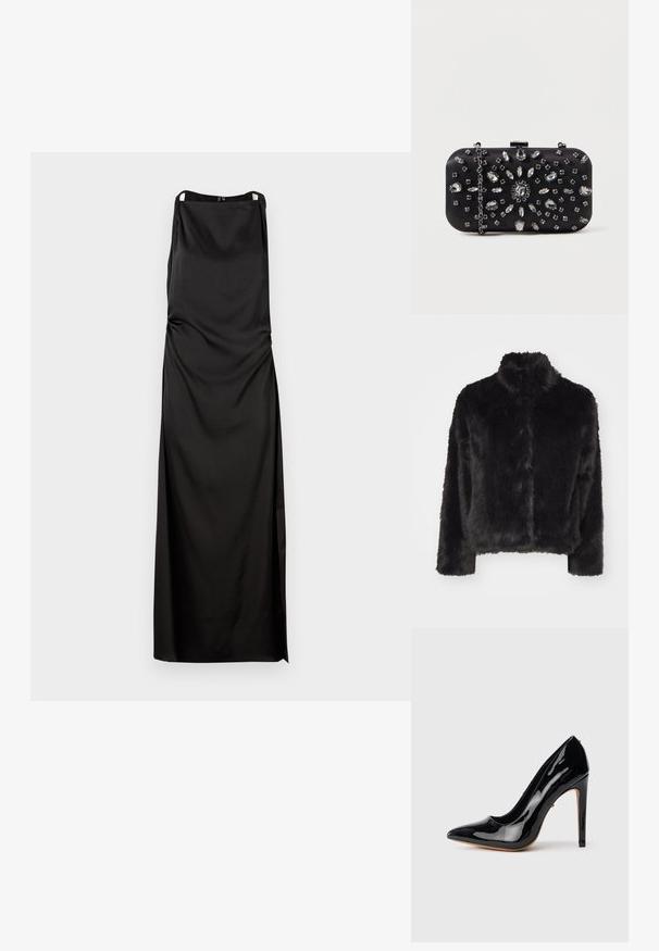 Vero Moda VMMONROE SHORT JACKET - Winterjas - black; Zwarte mouwloze jurk met een rechte silhoutte, gemaakt van gladde stof. Kenmerkt ruching en een zijsplit voor extra detail.; Zwarte lakleren pumps met hoge hak, een puntige neus, een slank silhouet en een dunne stilettohak van 10 cm. Glad, glanzend oppervlak.; Zwarte clutch met een rechthoekige vorm, versierd met verschillende strass-steentjes in een bloemmotief, voorzien van een zilveren ketting voor het dragen.