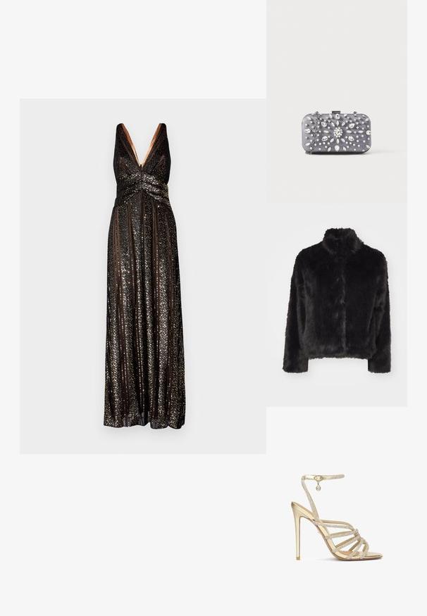 Vero Moda VMMONROE SHORT JACKET - Winterjas - black; Halston ESRA STRIPED - Galajurk - black; Gouden hoge hakken sandalen met meerdere kralen-omzoomde banden en een enkelbandje, met een gladde metallic afwerking en een puntige neus.; Kleine rechthoekige donkergrijze clutch versierd met heldere strass-steentjes in een uitstralend patroon en een zilveren kettingband.