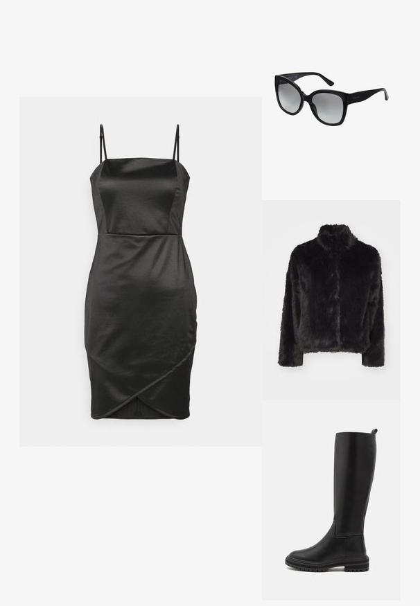 Vero Moda VMMONROE SHORT JACKET - Talvejope - black; WAL G. POLLY FEATHER MINI - Kokteilikleit/peokleit - black; Knee-high mustad mustkonna saapad sileda viimistlusega, ümmarguse ninaga, madala kummitald ja minimaalsete õmblusdetailidega.; Mustad ümmargused prillid paksu raamiga, gradient läätsed ja küljel olevate aksentidega. Tempel on tähistatud "vogue" logoga.