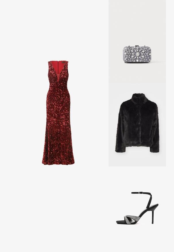 Vero Moda VMMONROE SHORT JACKET - Winterjas - black; Lang rode jurk bedekt met pailletten, met een diepe V-halslijn, mouwloos ontwerp en een aansluitende silhouet die aan de onderkant uitloopt.; Zwarte sandalen met hoge hakken en een vierkante neus, met gekruiste banden versierd met zilveren rhinestones en een slanke enkelband.; Kleine rechthoekige donkergrijze clutch versierd met heldere strass-steentjes in een uitstralend patroon en een zilveren kettingband.