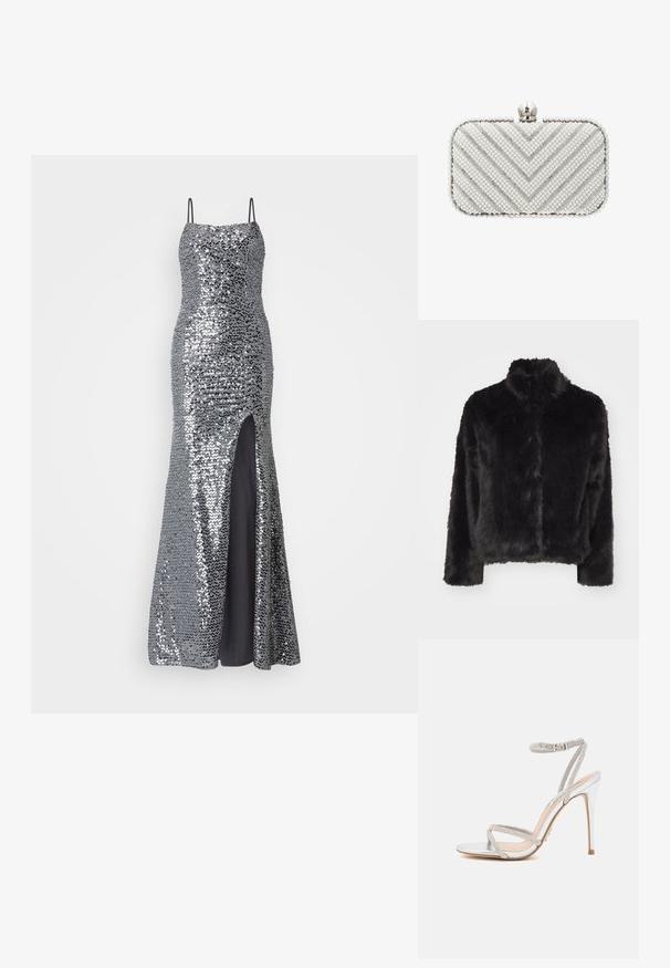 Vero Moda VMMONROE SHORT JACKET - Winterjas - black; Zilver kleuren pailletten avondjurk met spaghettibandjes, aansluitende taille en een hoge split tot boven de dij. Gladde zwarte voering eronder.; Zilveren hoge hakken sandaal met dunne bandjes, versierd met strass steentjes, met een slank ontwerp en een spitse neus.; Rechthoekige witte clutch tas versierd met rijen parels en zilveren glinsterende strepen die een chevronpatroon vormen, met een parelsluiting bovenop.