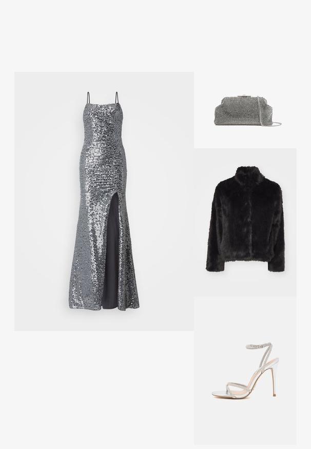 Vero Moda VMMONROE SHORT JACKET - Vinterjakker - black; Sølv paliet aftenkjole med spaghetti-stropper, tætsiddende overdel og høj slidse. Glat sort foring under.; Sølv højhælede sandal med tynde stropper, prydet med rhinsten, og med et elegant design og spids tå.; Reiss ADALINE EMBELLISHED - Clutches - silver coloured