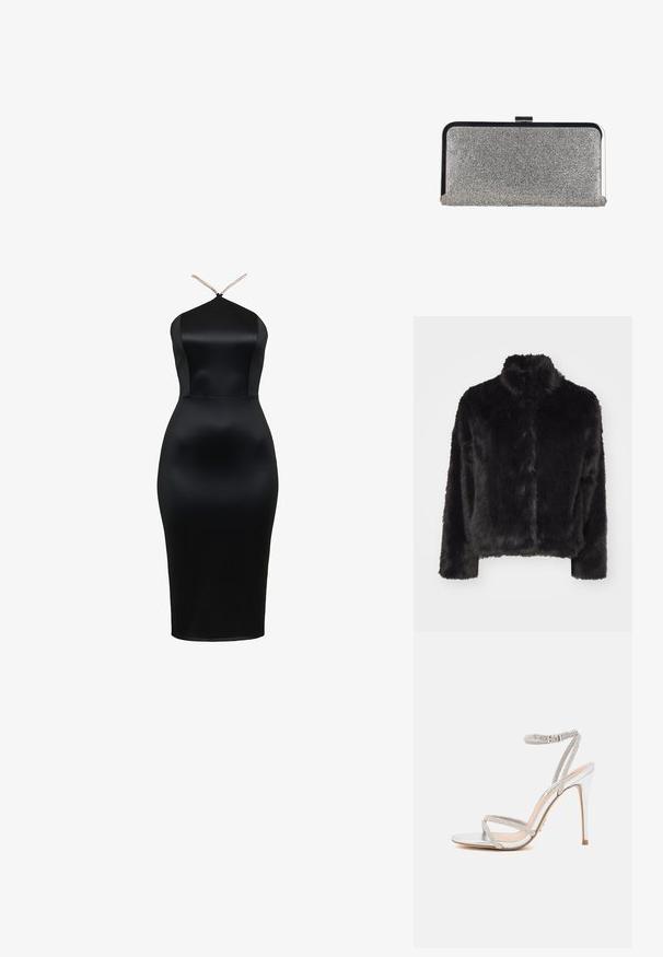 Vero Moda VMMONROE SHORT JACKET - Winterjas - black; Zwarte satijnen midi-jurk met een halternekontwerp, voorzien van een gladde textuur en zijkanten voor een aansluitende silhouet en verstelbare bandjes.; Zilveren hoge hakken sandaal met dunne bandjes, versierd met strass steentjes, met een slank ontwerp en een spitse neus.; Rechthoekige zilveren clutchtas bedekt met kleine strass-steentjes, met een zwart-zilveren metalen frame en een sluiting met gesp.