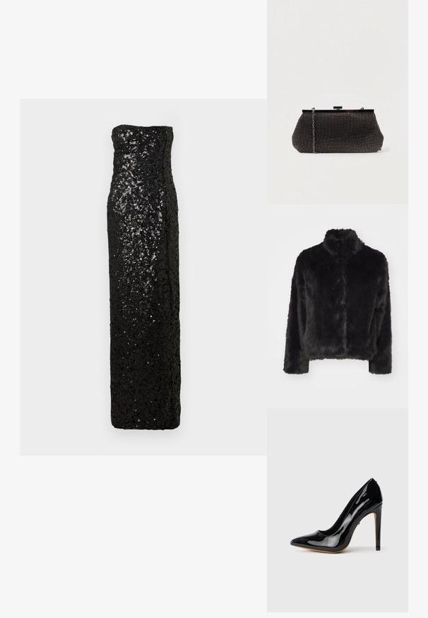 Vero Moda VMMONROE SHORT JACKET - Winterjas - black; Zwarte strapless avondjurk met een aansluitend silhouet, bedekt met pailletten, met een rechte halslijn en een ramphengsel tot op de vloer.; Zwarte lakleren pumps met hoge hak, een puntige neus, een slank silhouet en een dunne stilettohak van 10 cm. Glad, glanzend oppervlak.; Zwarte mesh clutchbag met een gestructureerde silhouette, versierd met kleine metalen studs, heeft een sluiting met een klapmechanisme en een afneembare kettingriem.